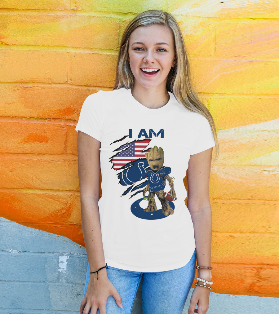 I Am Colts Baby Groot American Flag Football T-Shirt