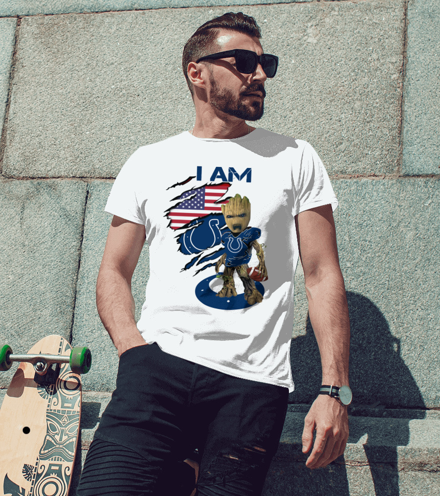 I Am Colts Baby Groot American Flag Football T-Shirt
