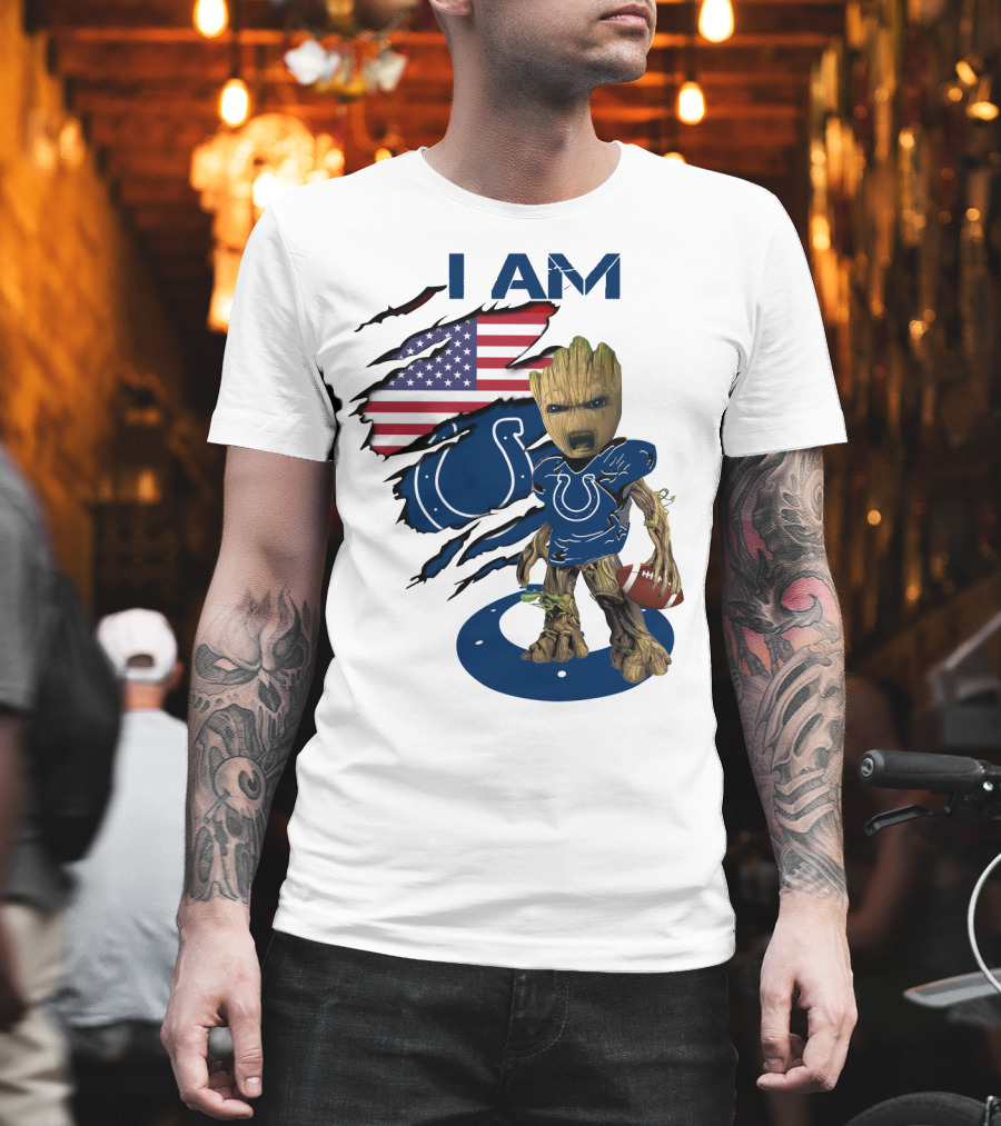I Am Colts Baby Groot American Flag Football T-Shirt