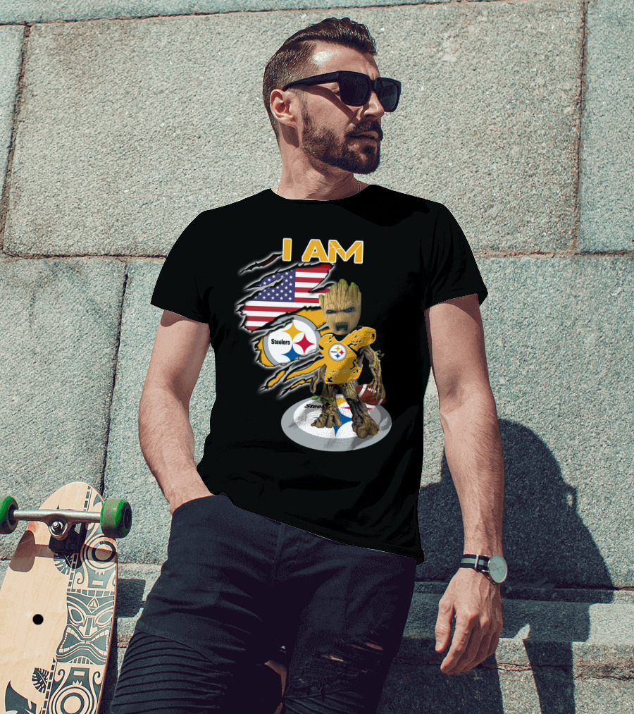 I Am Steelers Baby Groot American Flag Football Nfl Character T-Shirt