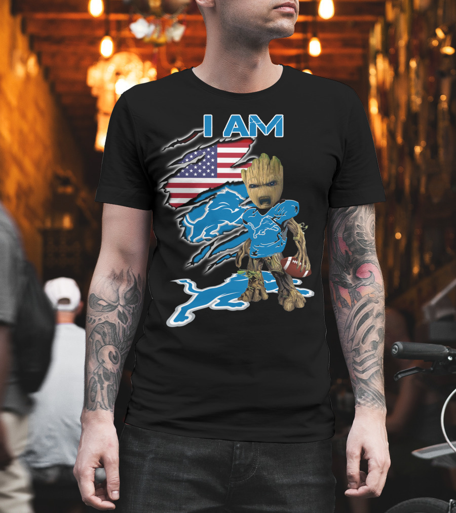 I Am Groot Detroit Lions Fan Football American Flag T-Shirt