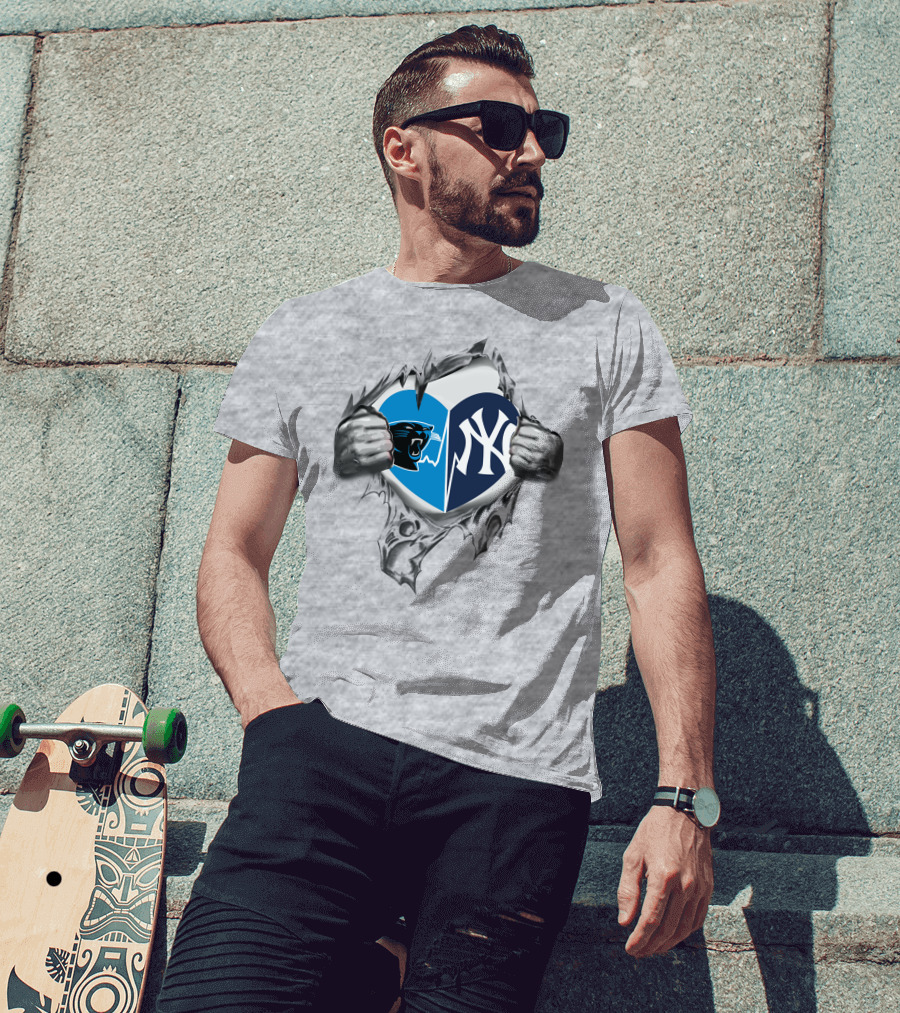 Carolina Panthers New York Yankees Heart Tear Mashup T-Shirt