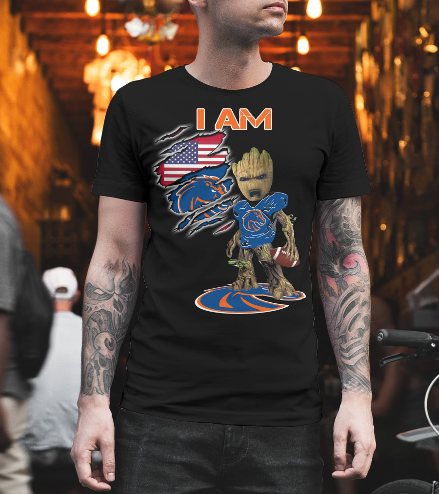 I Am Boise State Broncos Baby Groot Football American Flag T-Shirt