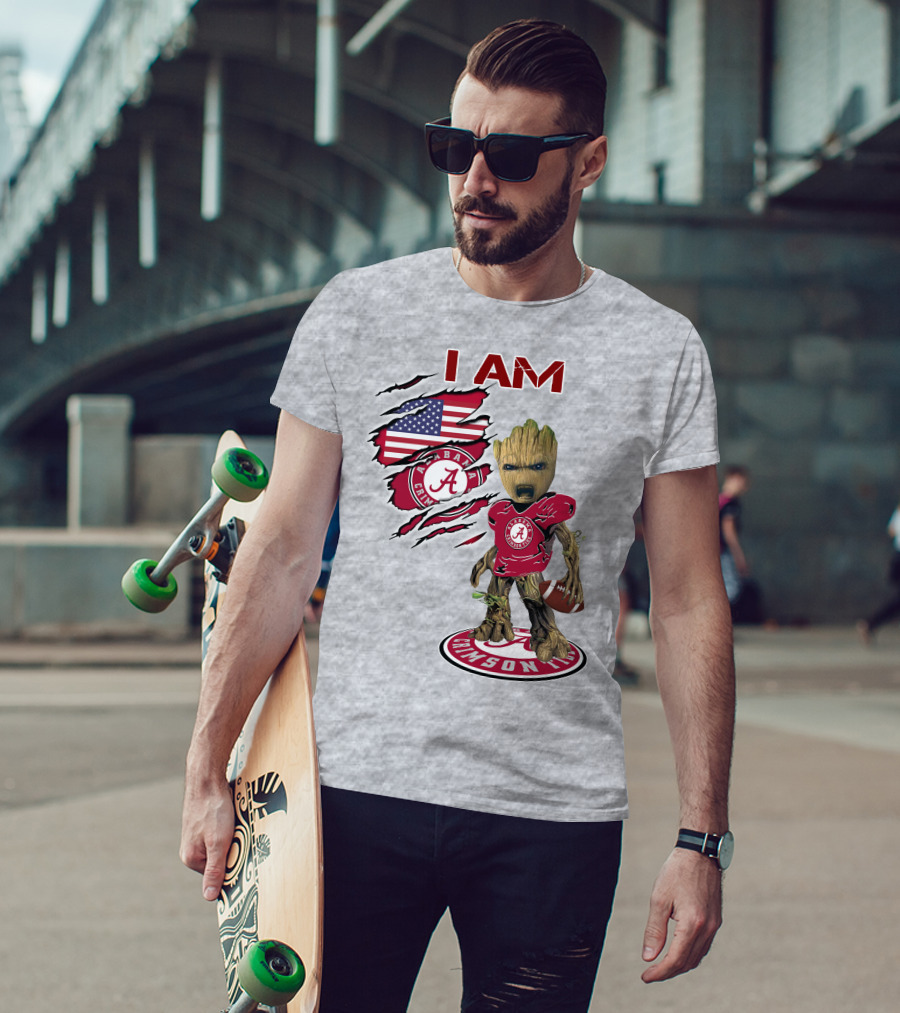 I Am Alabama Crimson Tide Baby Groot Football T-Shirt