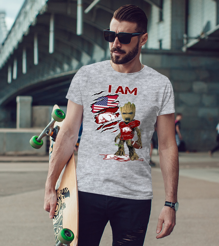 I Am Arkansas Baby Groot Razorbacks Football USA Flag T-Shirt