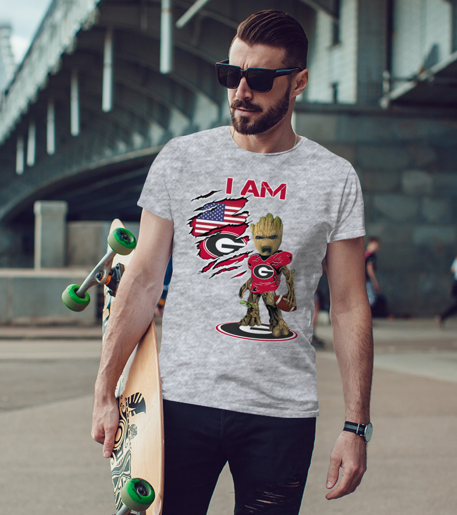 I AM Bulldogs Baby Groot Football Fan USA Flag T-Shirt