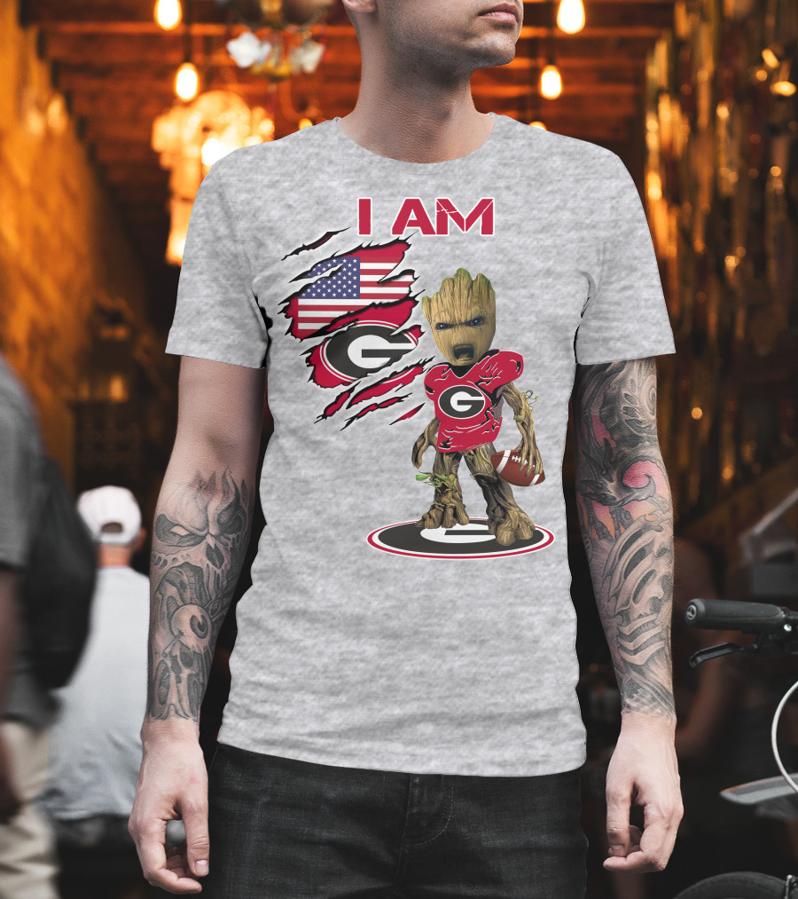I AM Bulldogs Baby Groot Football Fan USA Flag T-Shirt