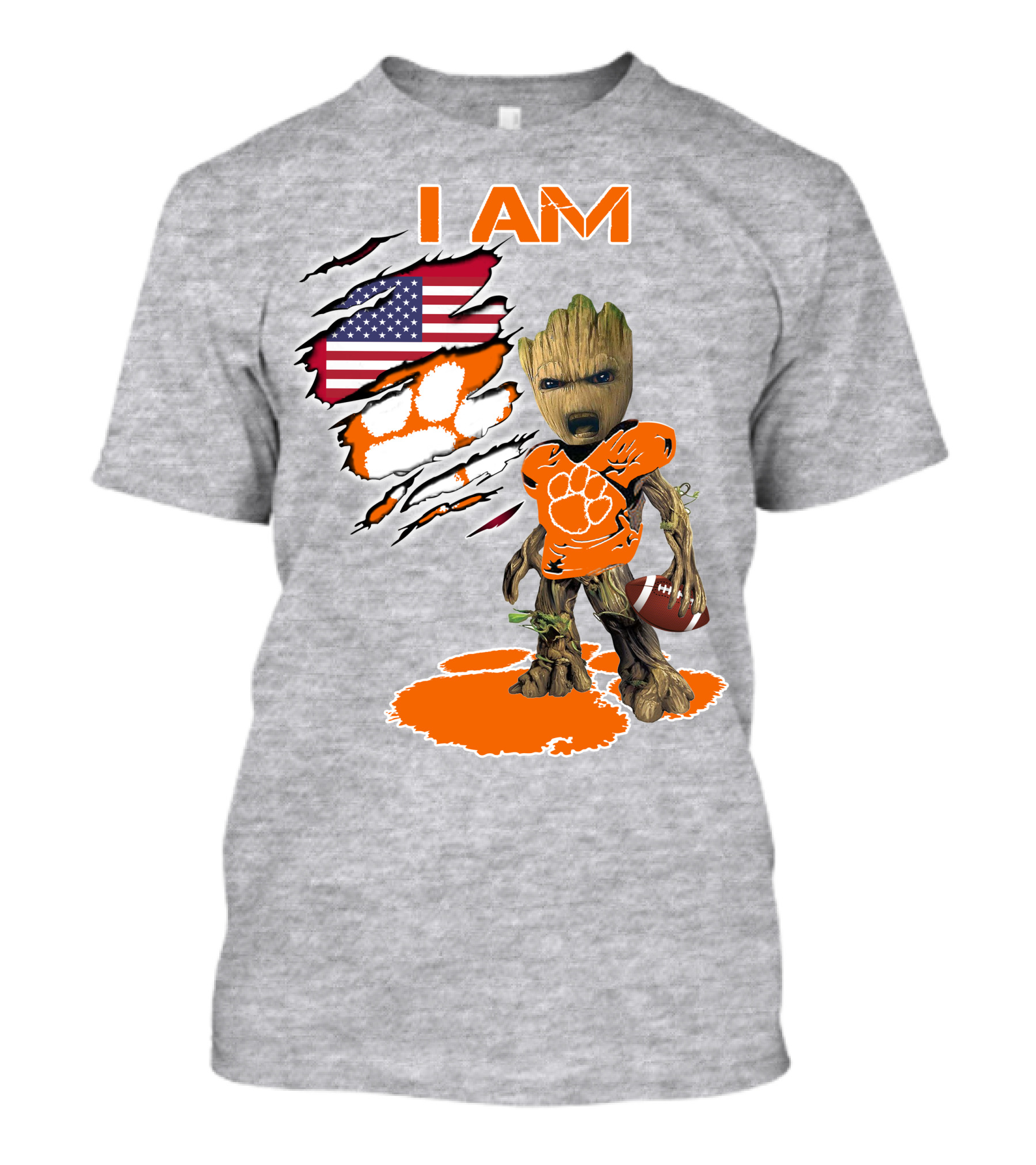 I AM Clemsons Baby Groot American Flag Football Paw Prints T-Shirt