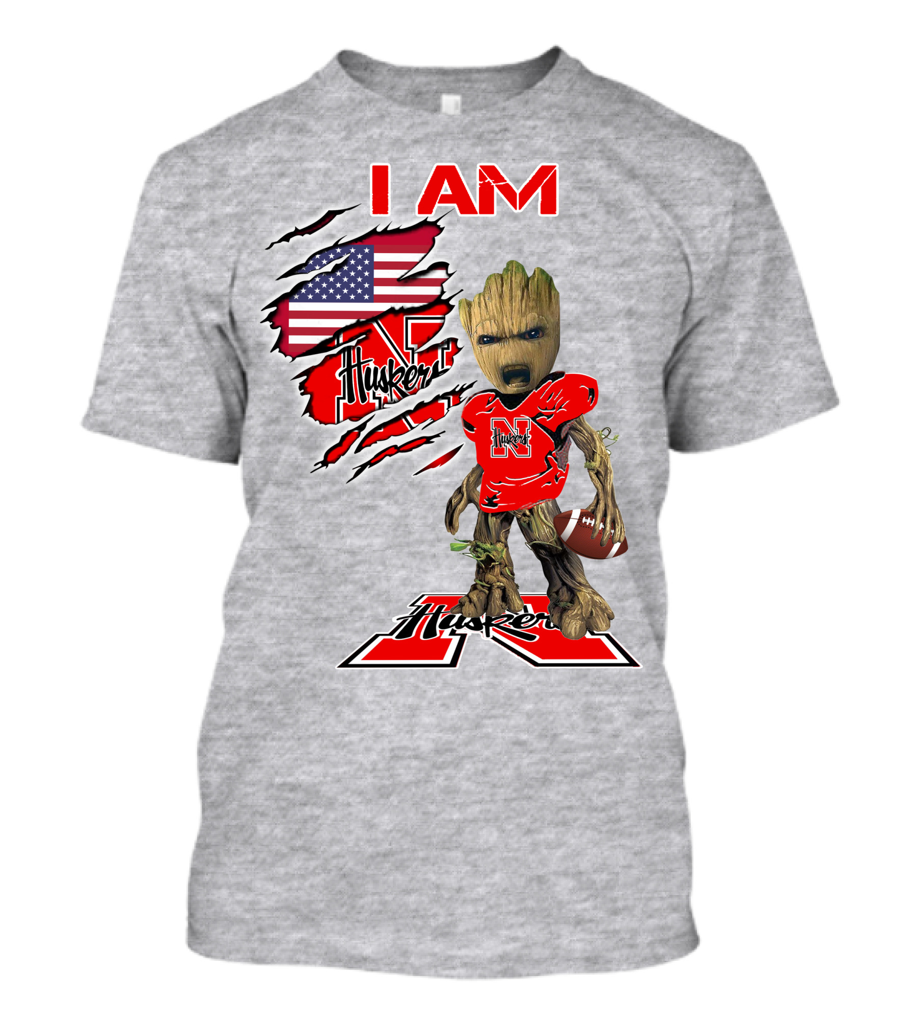 I Am Husker Baby Groot Football USA Flag T-Shirt