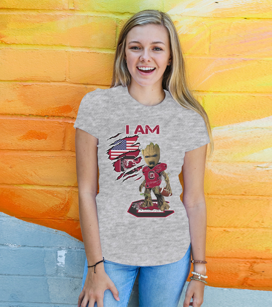 I Am Gamecocks Baby Groot Football American Flag T-Shirt