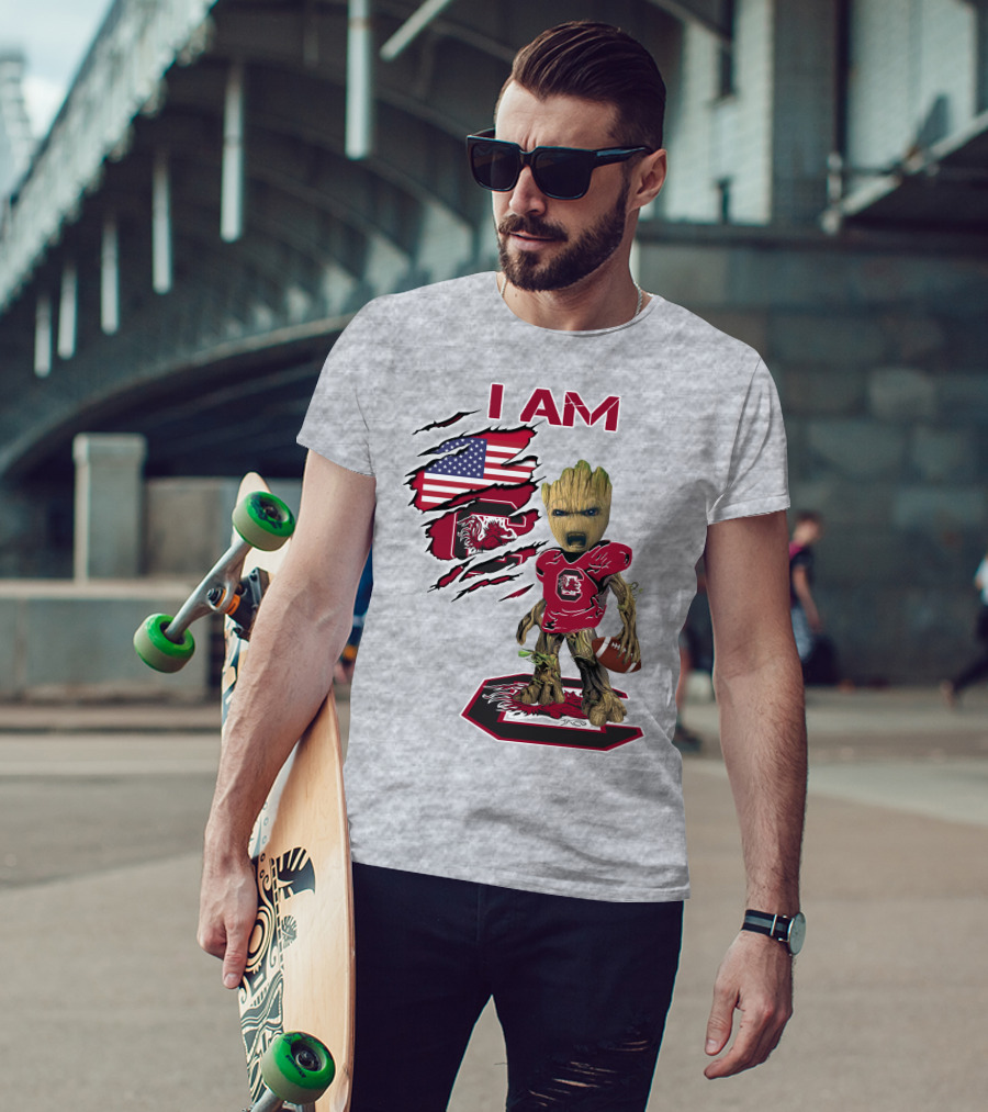 I Am Gamecocks Baby Groot Football American Flag T-Shirt