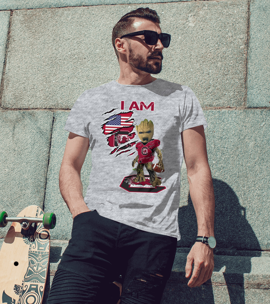 I Am Gamecocks Baby Groot Football American Flag T-Shirt