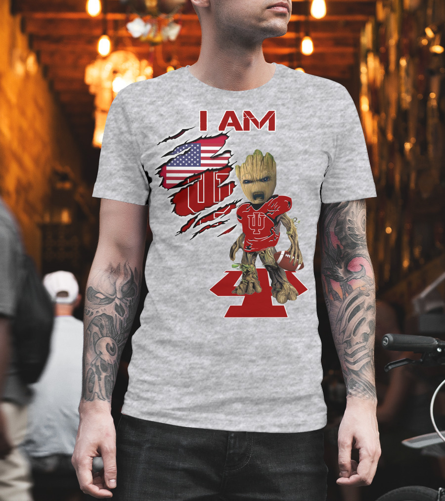 I Am Iu Hoosiers Baby Groot American Flag Football T-Shirt