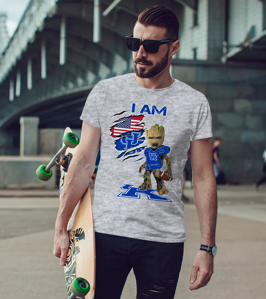 I AM Kentucky Baby Groot Football UK Logo American Flag T-Shirt