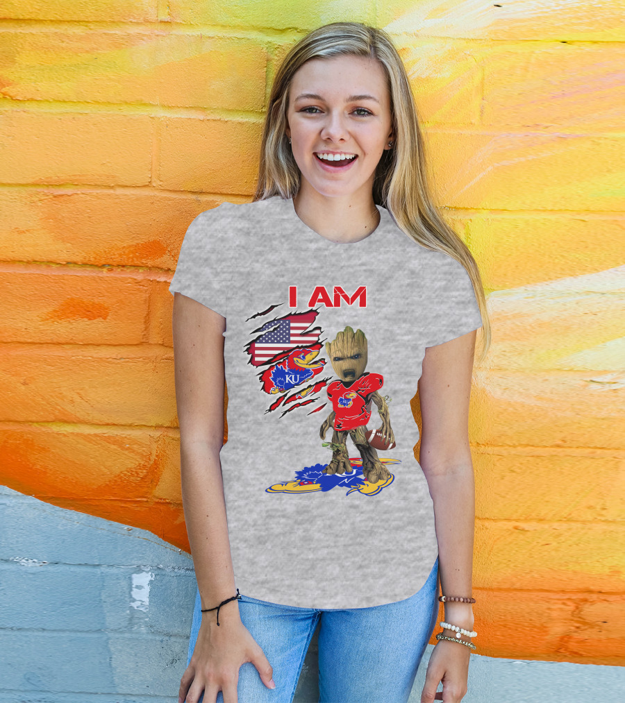 I AM KU Baby Groot Kansas Jayhawks Football Patriotic American Flag T-Shirt