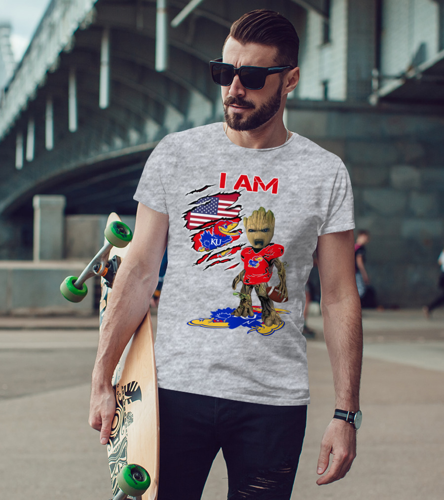 I AM KU Baby Groot Kansas Jayhawks Football Patriotic American Flag T-Shirt