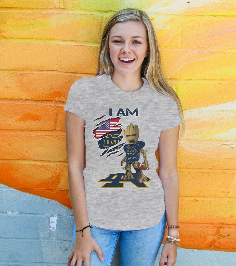 I Am Notre Dame Baby Groot American Flag Football T-Shirt