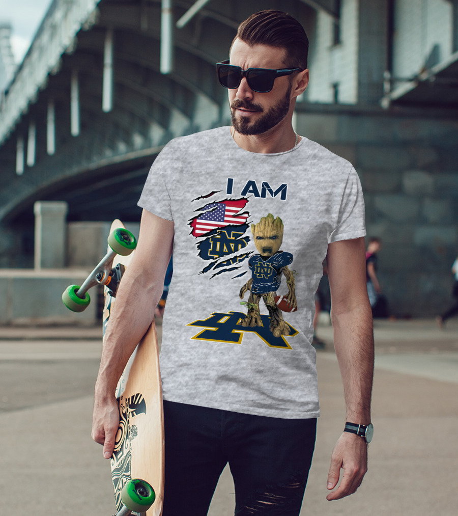 I Am Notre Dame Baby Groot American Flag Football T-Shirt
