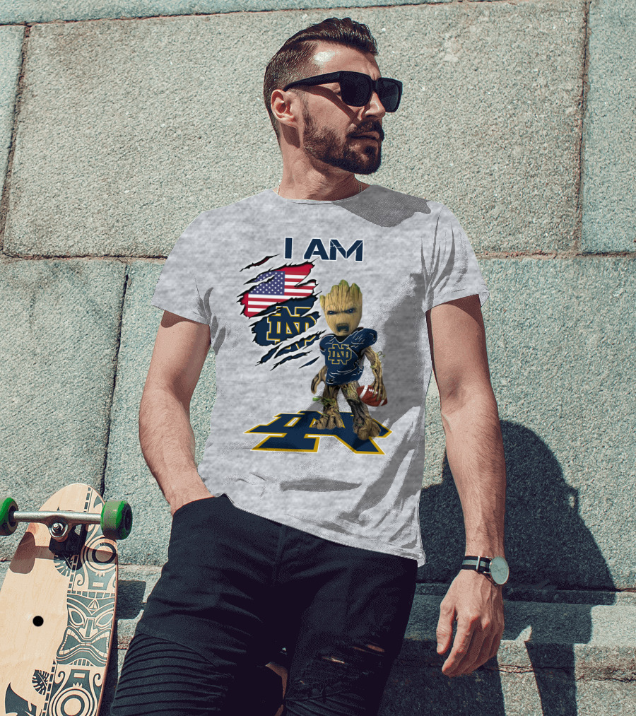 I Am Notre Dame Baby Groot American Flag Football T-Shirt