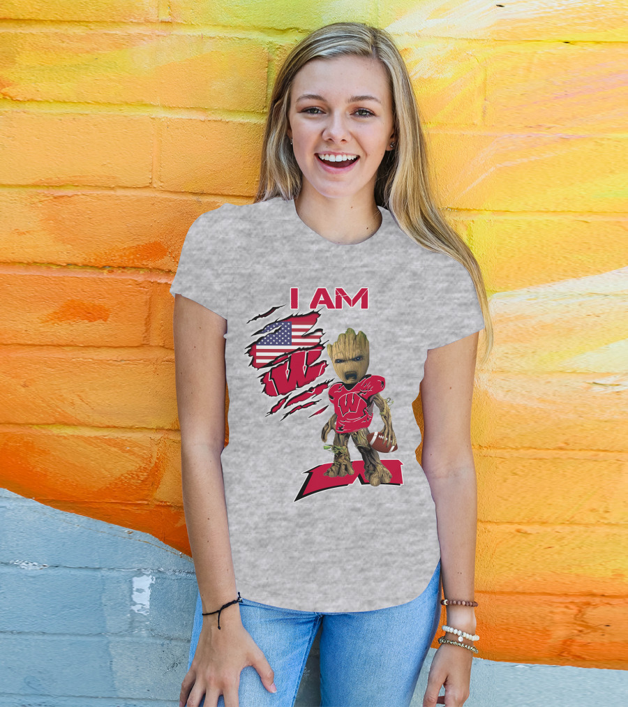 I Am Wisconsin Baby Groot Football W Logo American Flag T-Shirt