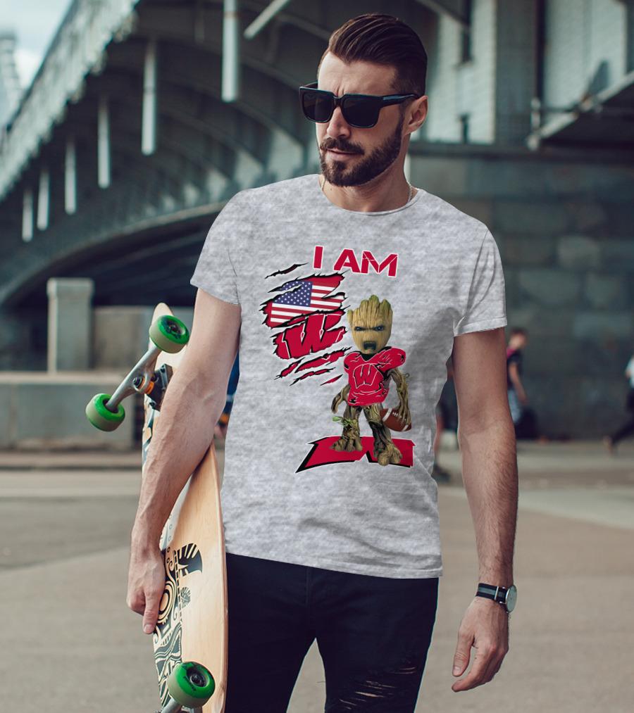 I Am Wisconsin Baby Groot Football W Logo American Flag T-Shirt