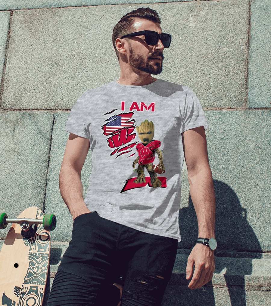I Am Wisconsin Baby Groot Football W Logo American Flag T-Shirt