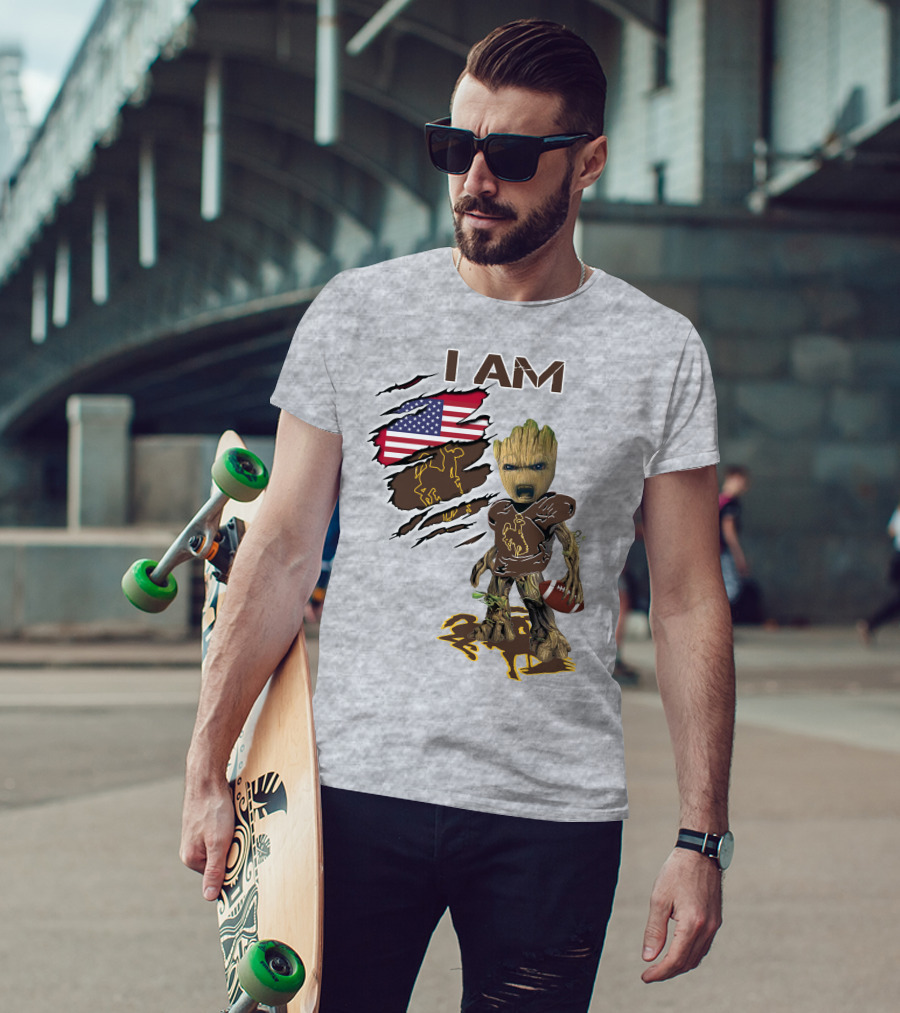 I AM Wyoming Baby Groot Football American Flag Cowboy T-Shirt