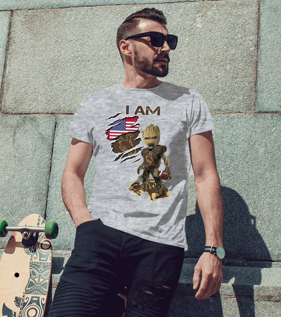 I AM Wyoming Baby Groot Football American Flag Cowboy T-Shirt