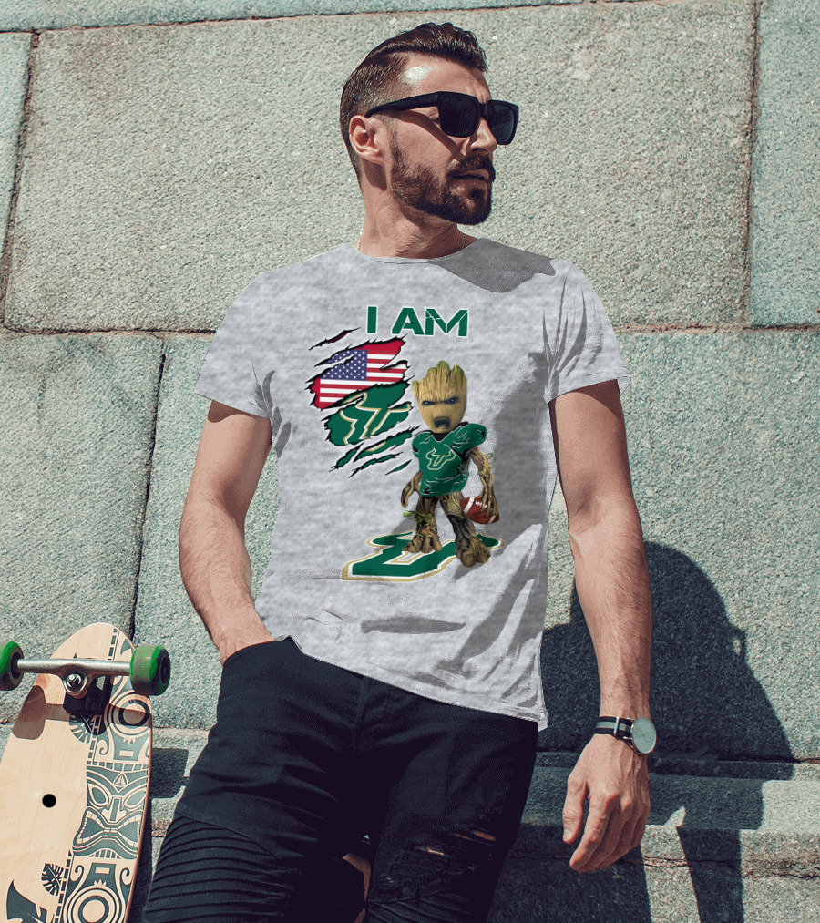 I AM USF Baby Groot Football American Flag T-Shirt