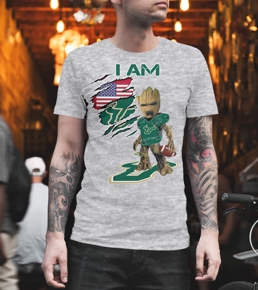 I AM USF Baby Groot Football American Flag T-Shirt