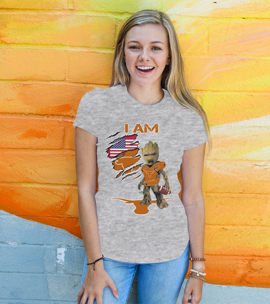 I AM Longhorn Baby Groot Football USA Flag T-Shirt