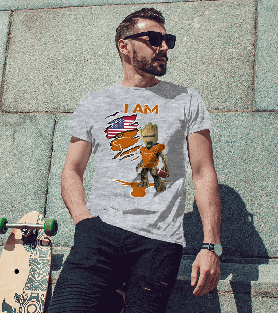 I AM Longhorn Baby Groot Football USA Flag T-Shirt
