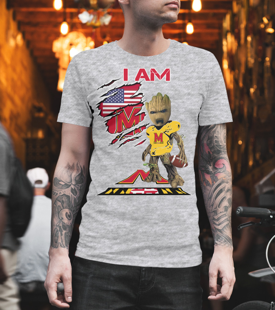 I AM Baby Groot Maryland Football American Flag M T-Shirt