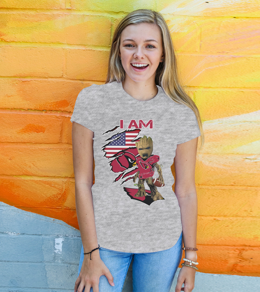 I Am Cardinals Baby Groot American Flag Football T-Shirt