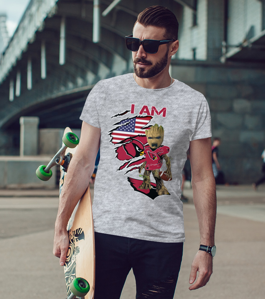 I Am Cardinals Baby Groot American Flag Football T-Shirt