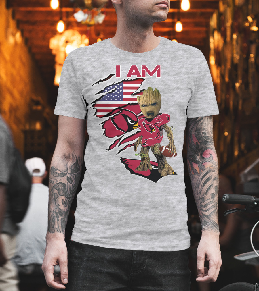 I Am Cardinals Baby Groot American Flag Football T-Shirt