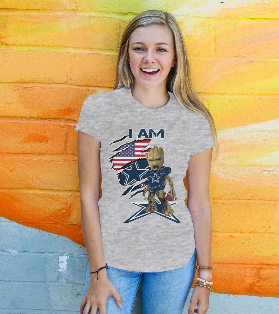 I Am Baby Groot Cowboys Fan With American Flag And Football T-Shirt