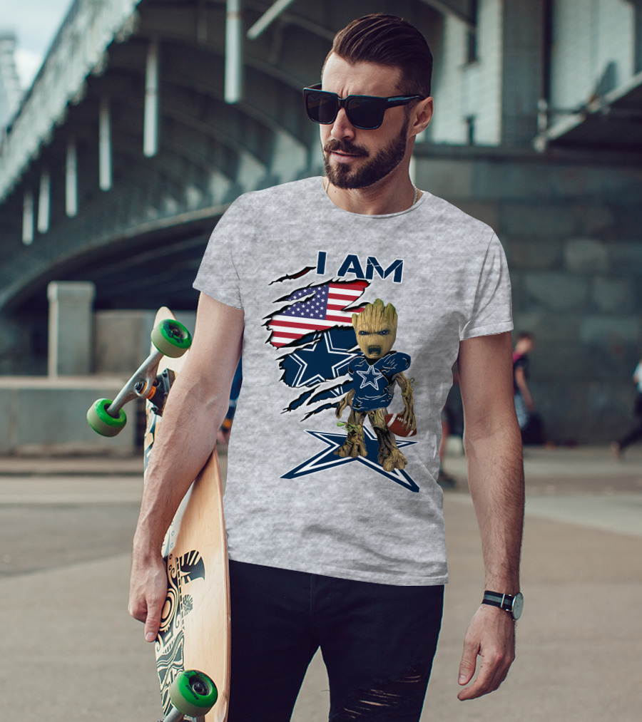 I Am Baby Groot Cowboys Fan With American Flag And Football T-Shirt