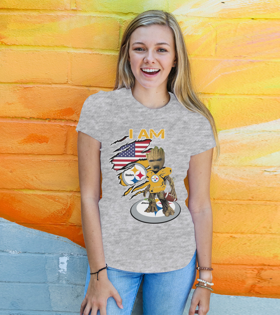 I AM Steelers Baby Groot American Flag Football Fan Gear T-Shirt