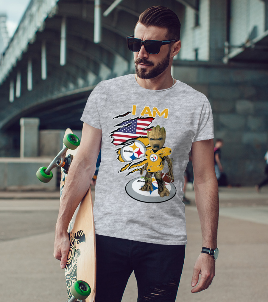 I AM Steelers Baby Groot American Flag Football Fan Gear T-Shirt