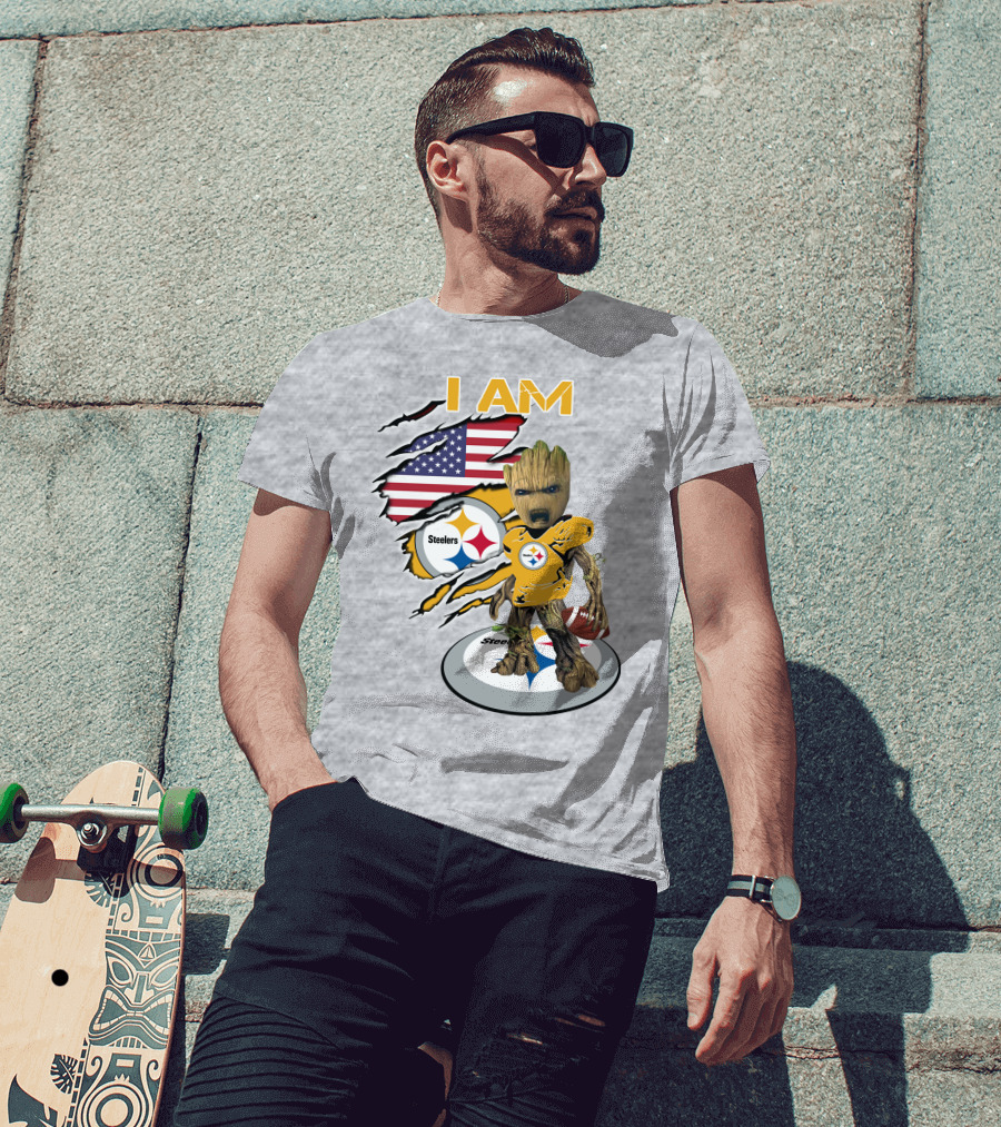 I AM Steelers Baby Groot American Flag Football Fan Gear T-Shirt