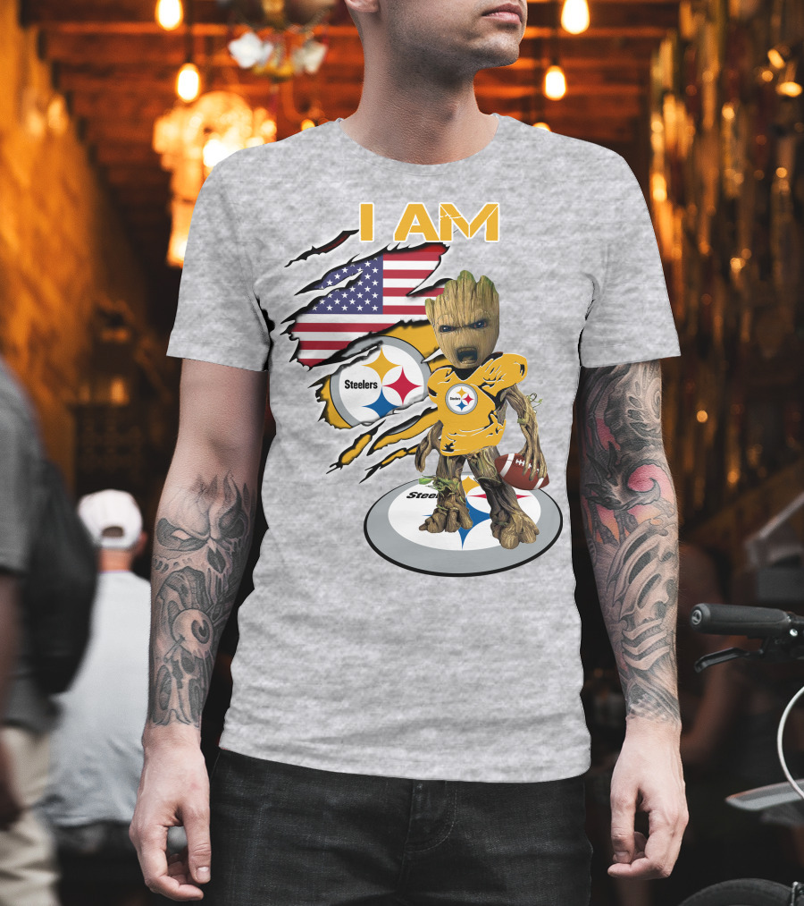 I AM Steelers Baby Groot American Flag Football Fan Gear T-Shirt
