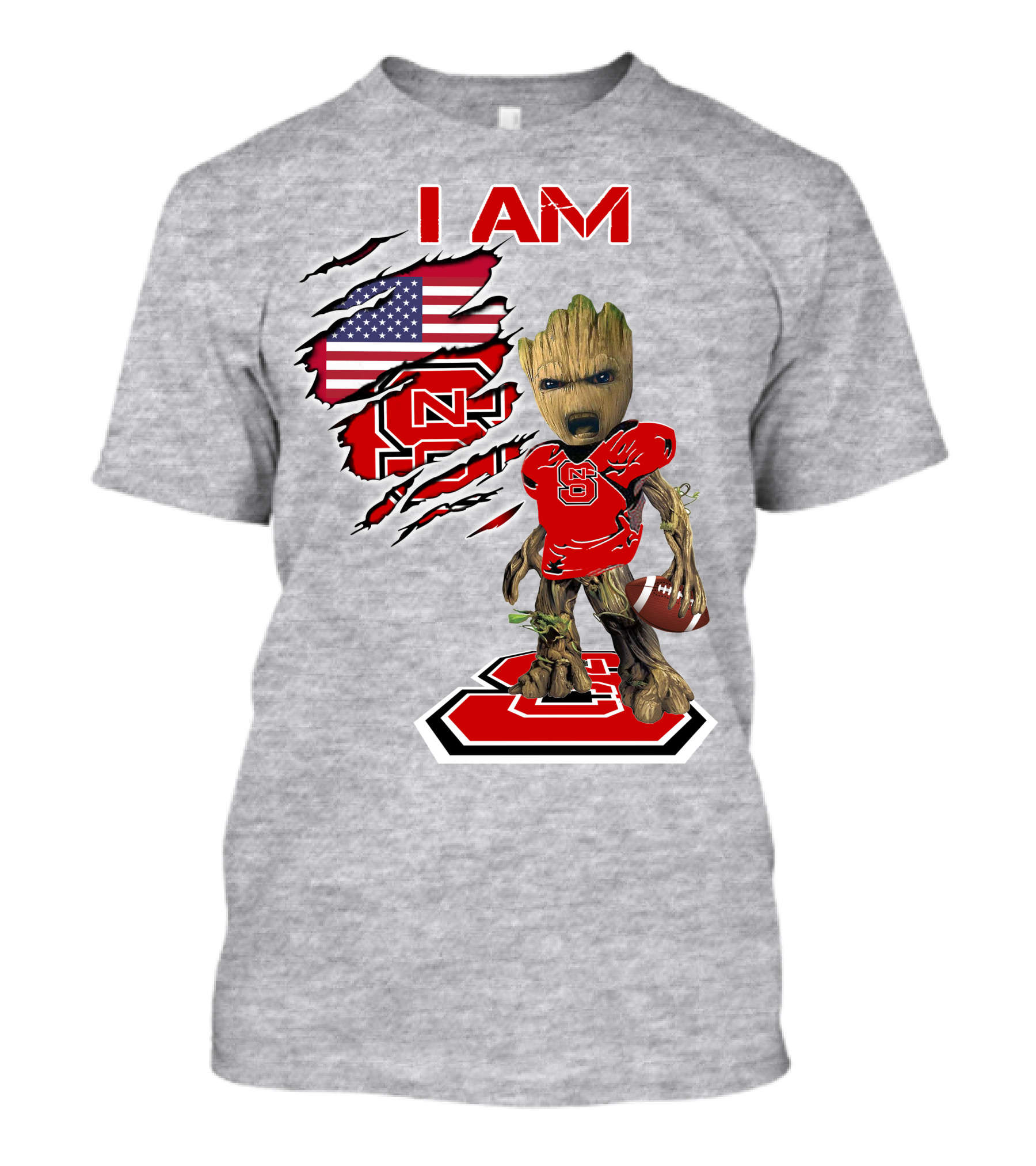 I Am NC State Baby Groot Football USA Flag T-Shirt