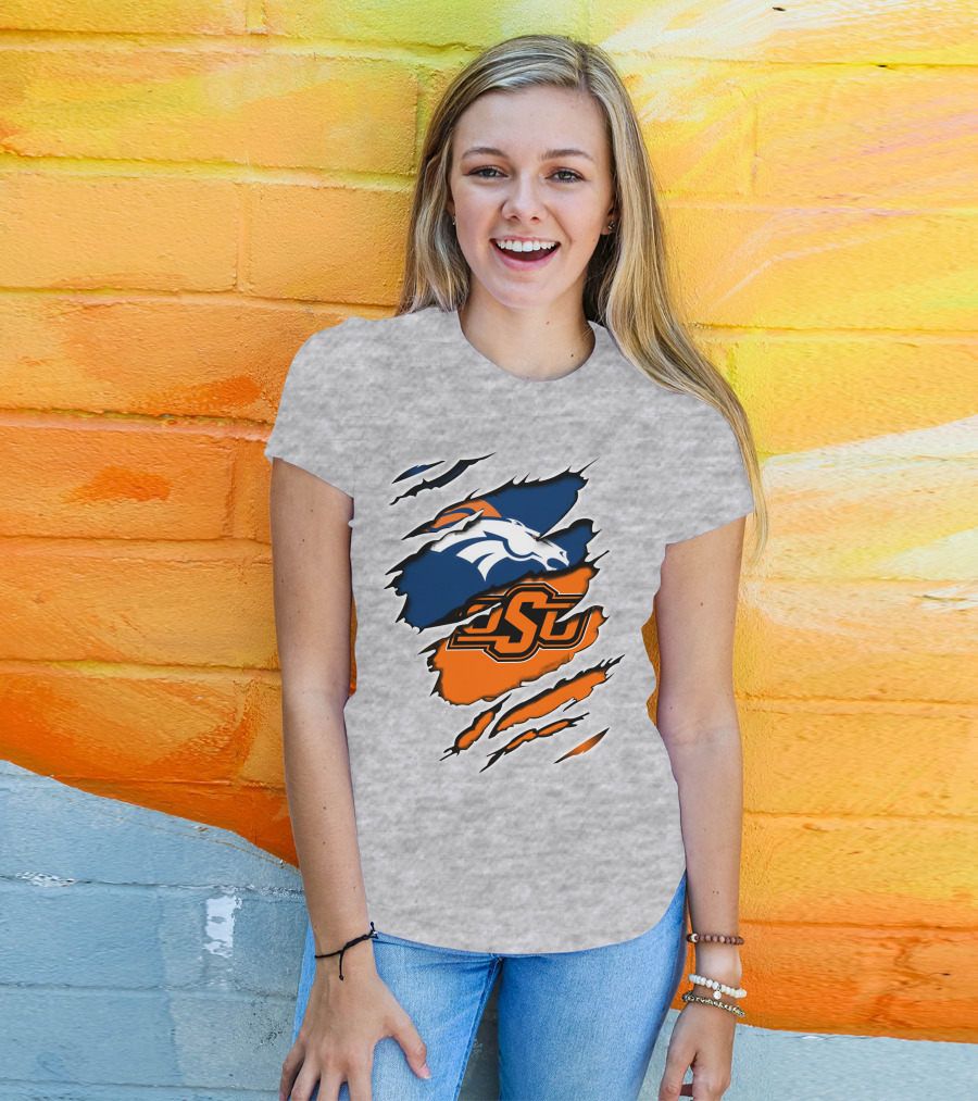 Broncos OSU Torn Ripped Graphics T-Shirt