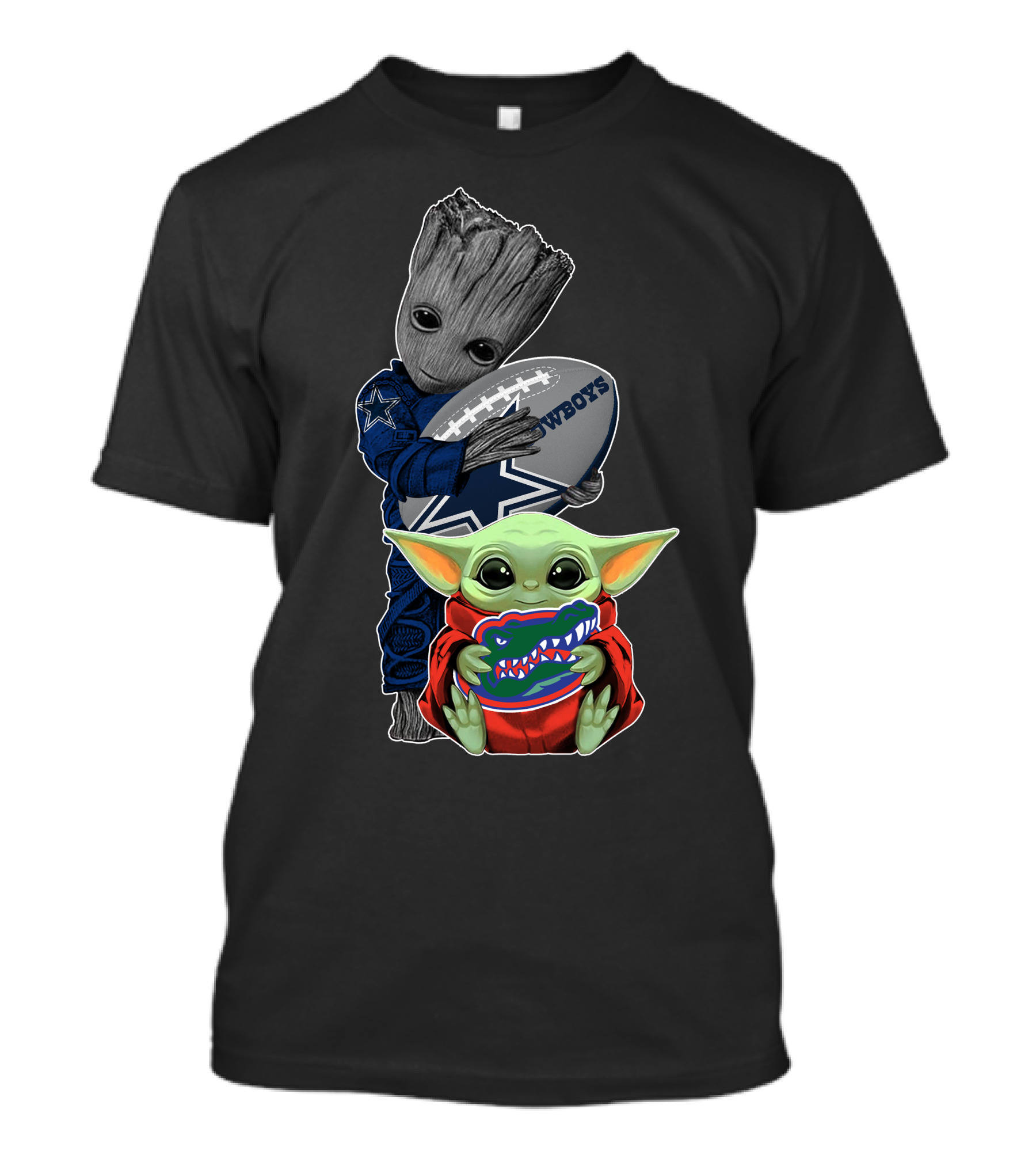Groot Holding Cowboys Football With Baby Yoda Wearing Gators Hoodie T-Shirt