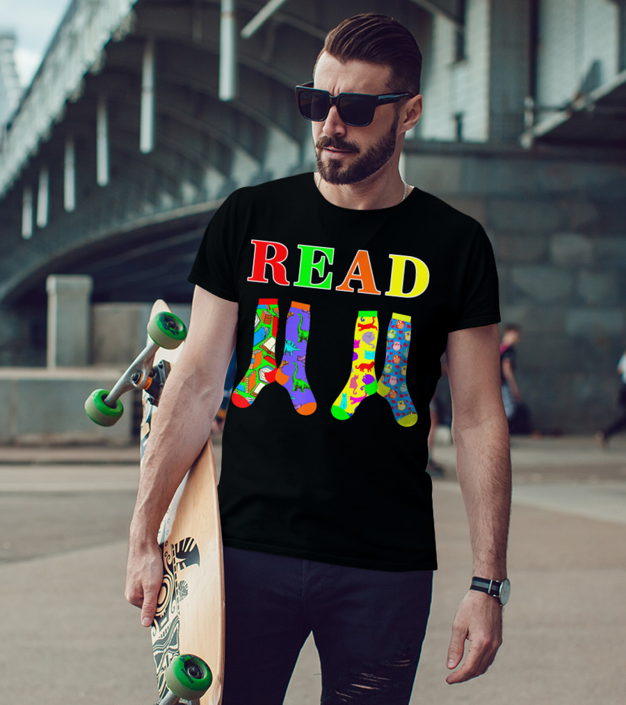 READ Colorful Dinosaur And Owl Books Wacky Socks For Wacky Sock Day T-Shirt