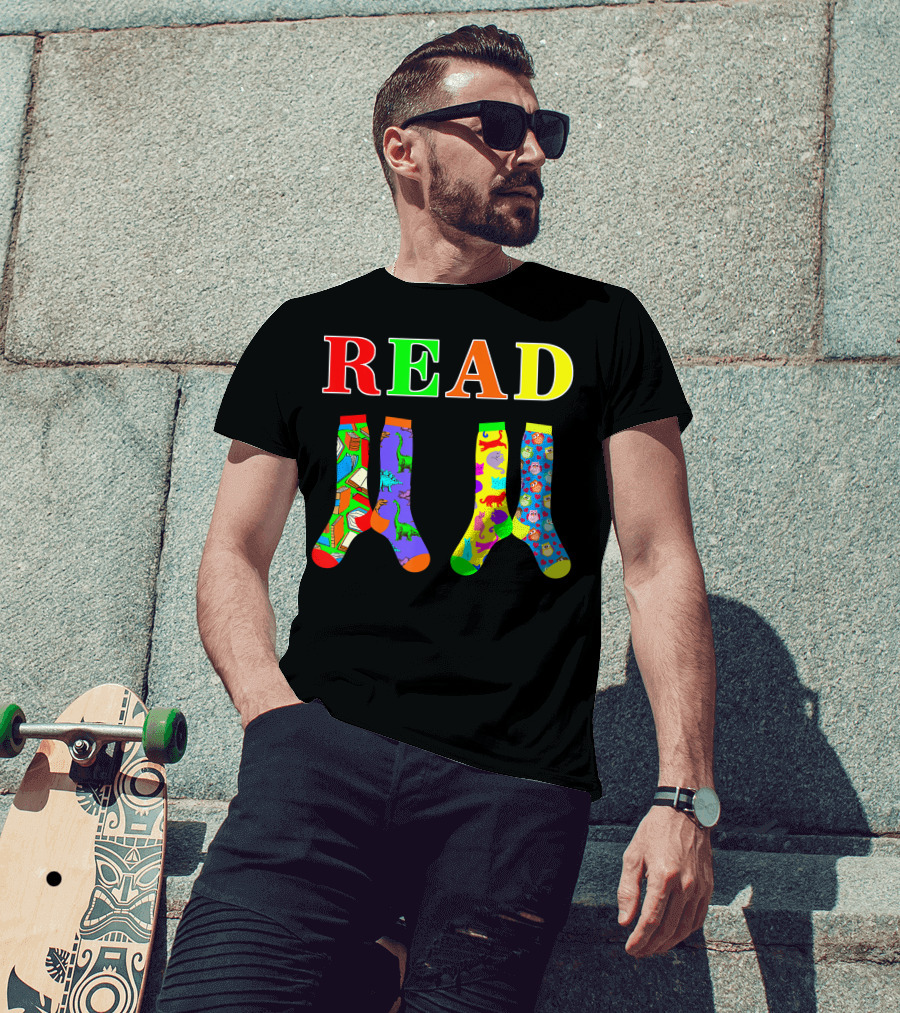 READ Colorful Dinosaur And Owl Books Wacky Socks For Wacky Sock Day T-Shirt