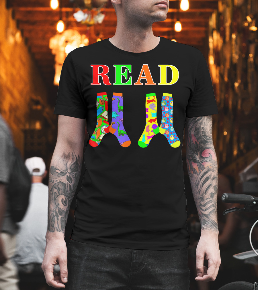 READ Colorful Dinosaur And Owl Books Wacky Socks For Wacky Sock Day T-Shirt