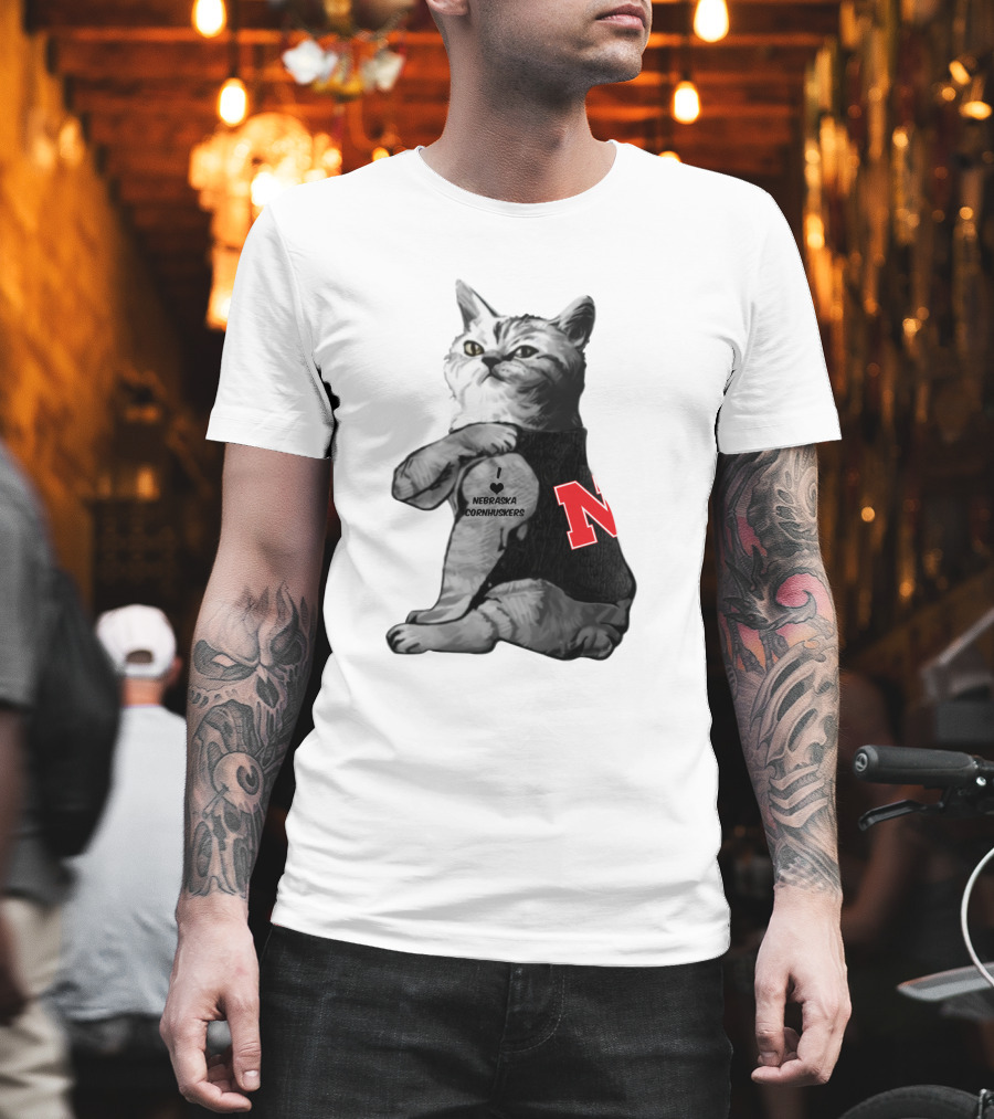 Nebraska Cornhuskers Cat Wearing Black Jersey With Red N T-Shirt