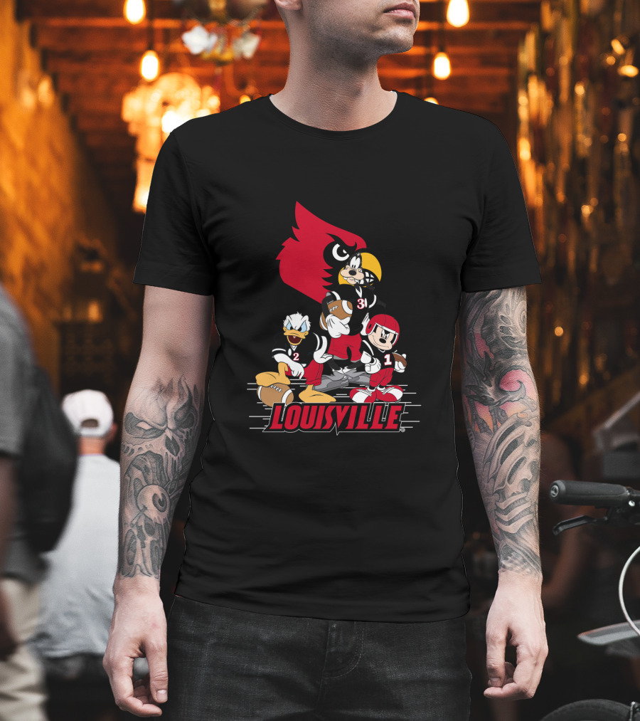 Louisville Cardinals Disney Characters Mickey Donald Goofy Football T-Shirt